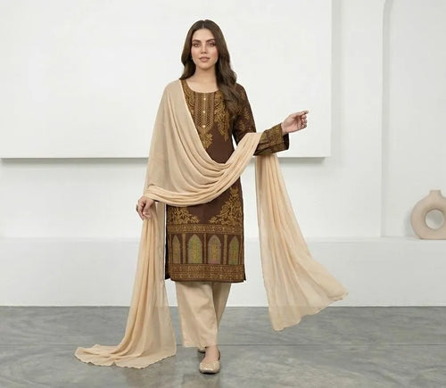 Brown Block Printed Arabic Lawn 3Pcs Set