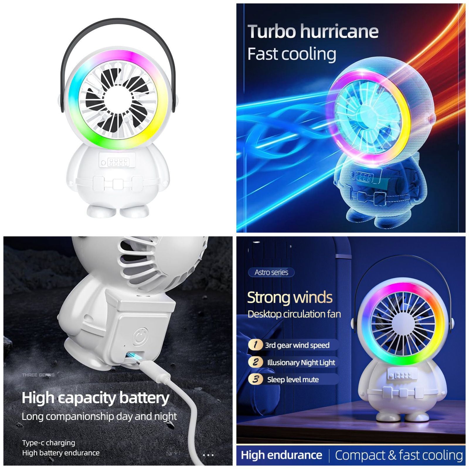 Astronaut Mini Desktop Fan with Night Light