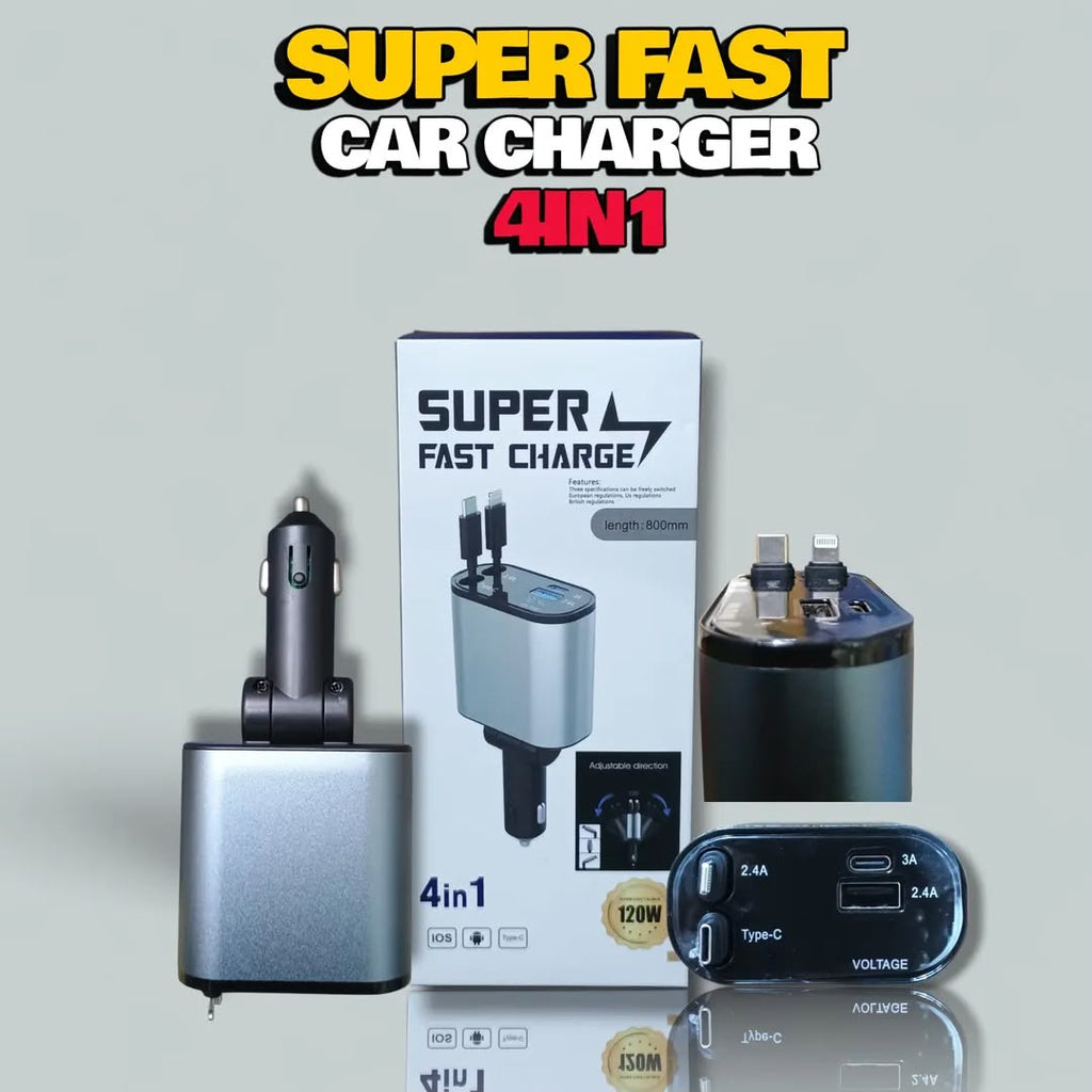 4-in-1 Fast Car Charger with Retractable Cable (120W Max) | Model H1428