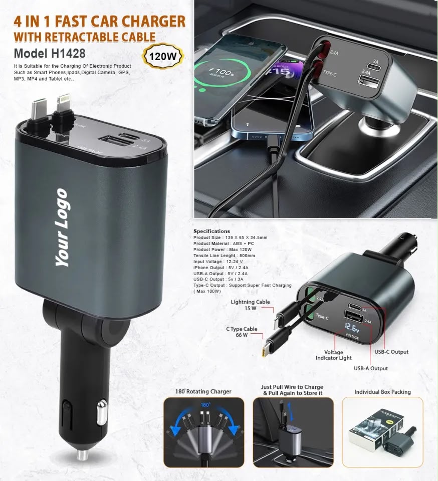 4-in-1 Fast Car Charger with Retractable Cable (120W Max) | Model H1428