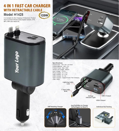 4-in-1 Fast Car Charger with Retractable Cable (120W Max) | Model H1428