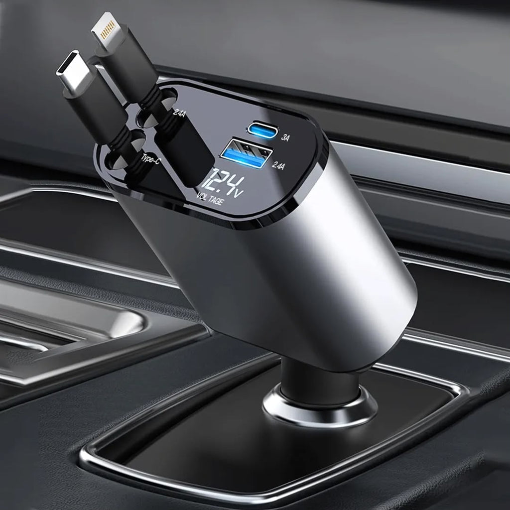 4-in-1 Fast Car Charger with Retractable Cable (120W Max) | Model H1428