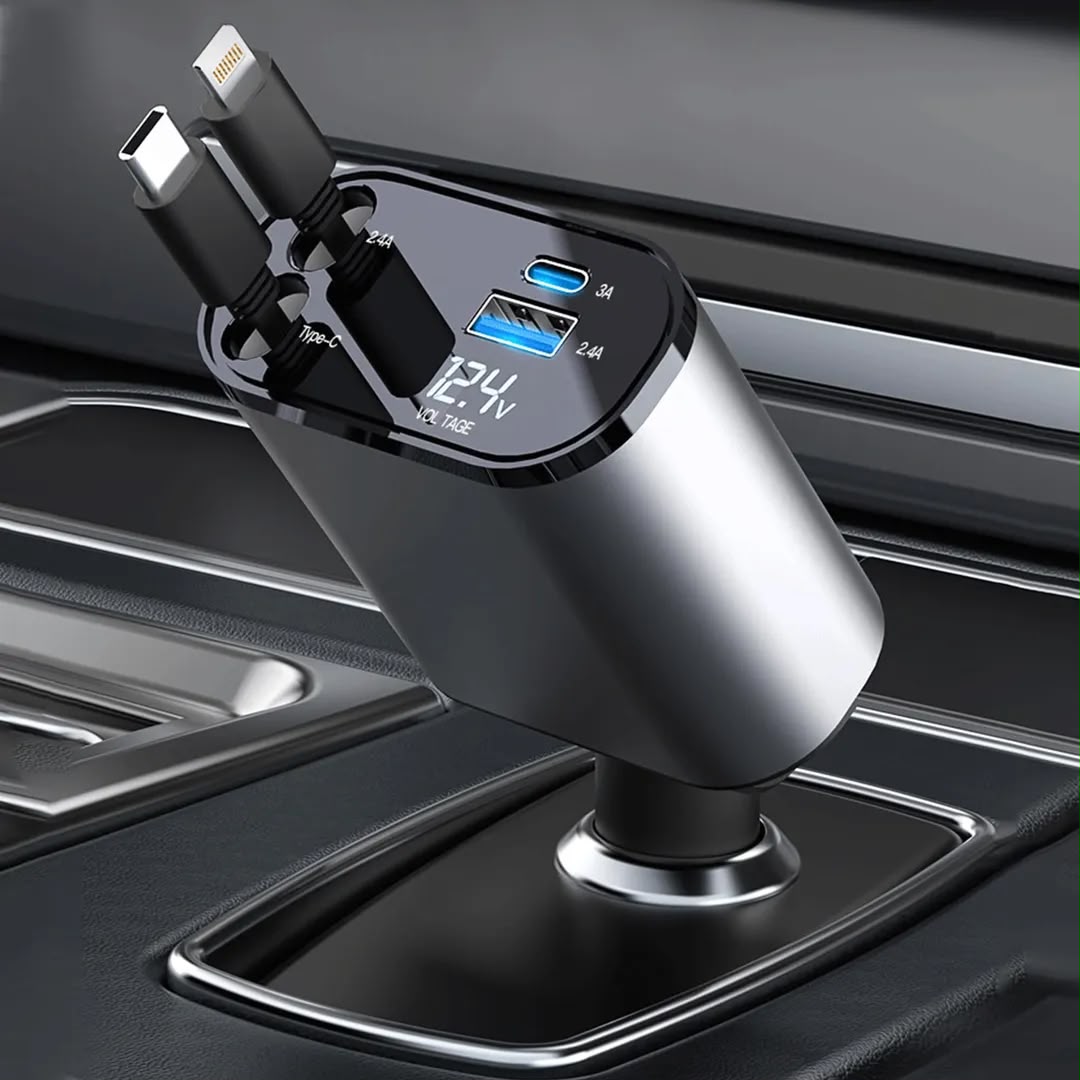 4-in-1 Fast Car Charger with Retractable Cable (120W Max) | Model H1428